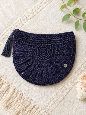 Flora Bella Raffia Clutch Bag Purple Half Circle Full Zip Tassel Travel Vacation